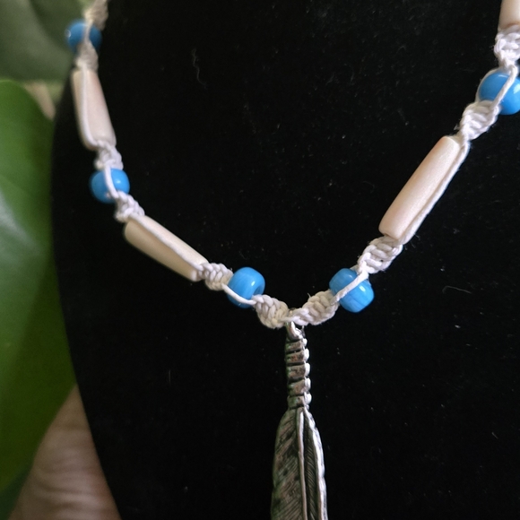 Western Inspired Handmade Necklace – Crow Beads, Bone & Silver Feather Pendant - Picture 2 of 4